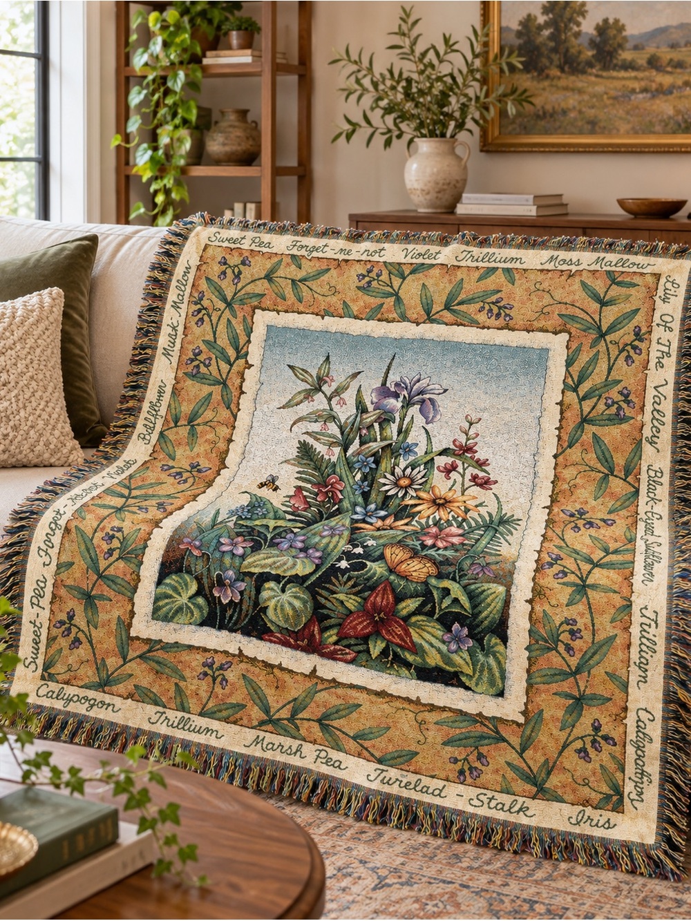 Vintage Botanical Tapestry Throw Blanket Wildflower Garden Cottagecore Fringe